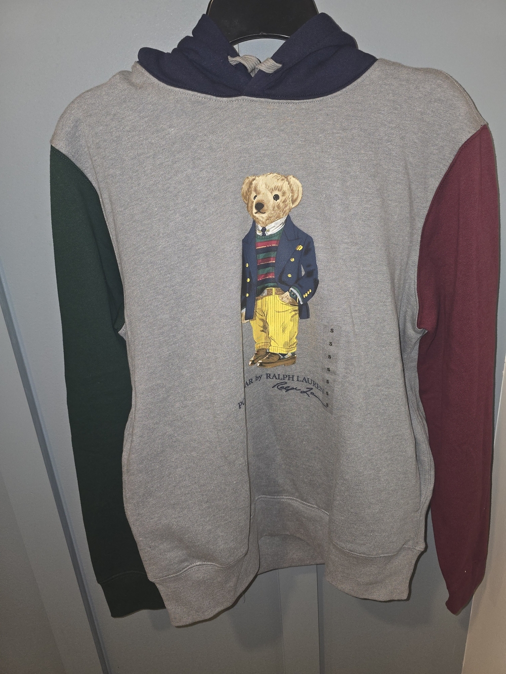 Polo Bear Graphic Hoodie Sweatshirt - Grey with Green & Burgundy Sleeves Men S